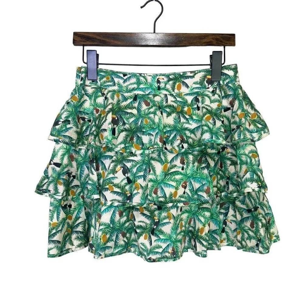 Farm Rio Tropical Toucans Print Ruffles Layered Mini Skirt Green Size Small - Picture 4 of 9